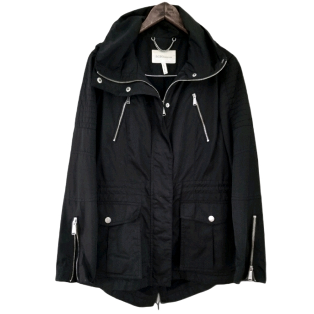 BCBGeneration black zip up Raincoat hidden hood.